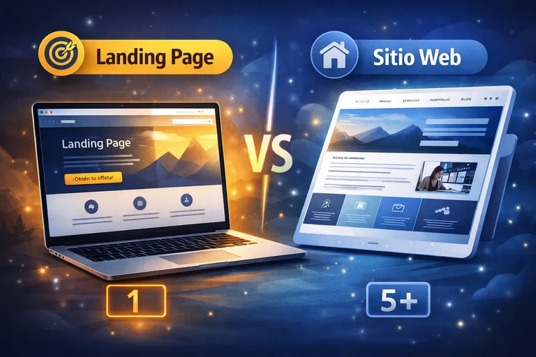 Comparación visual entre landing page y sitio web